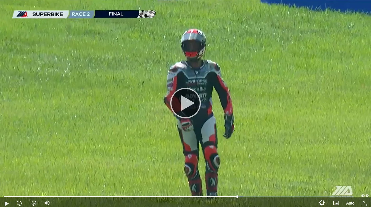 Danilo Petrucci standing less than 56 seconds after he crashed at the end of MotoAmerica Medallia Superbike Race Two at VIR